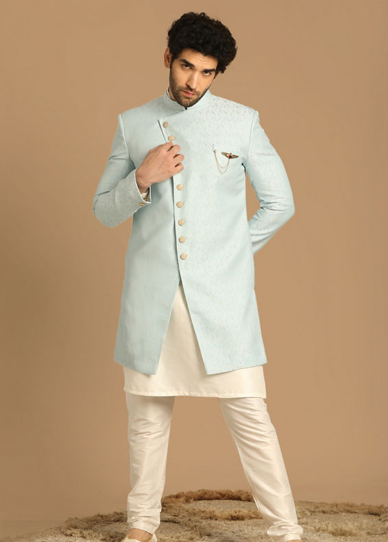 Manyavar Men Lavish Light Blue Indo Western Set