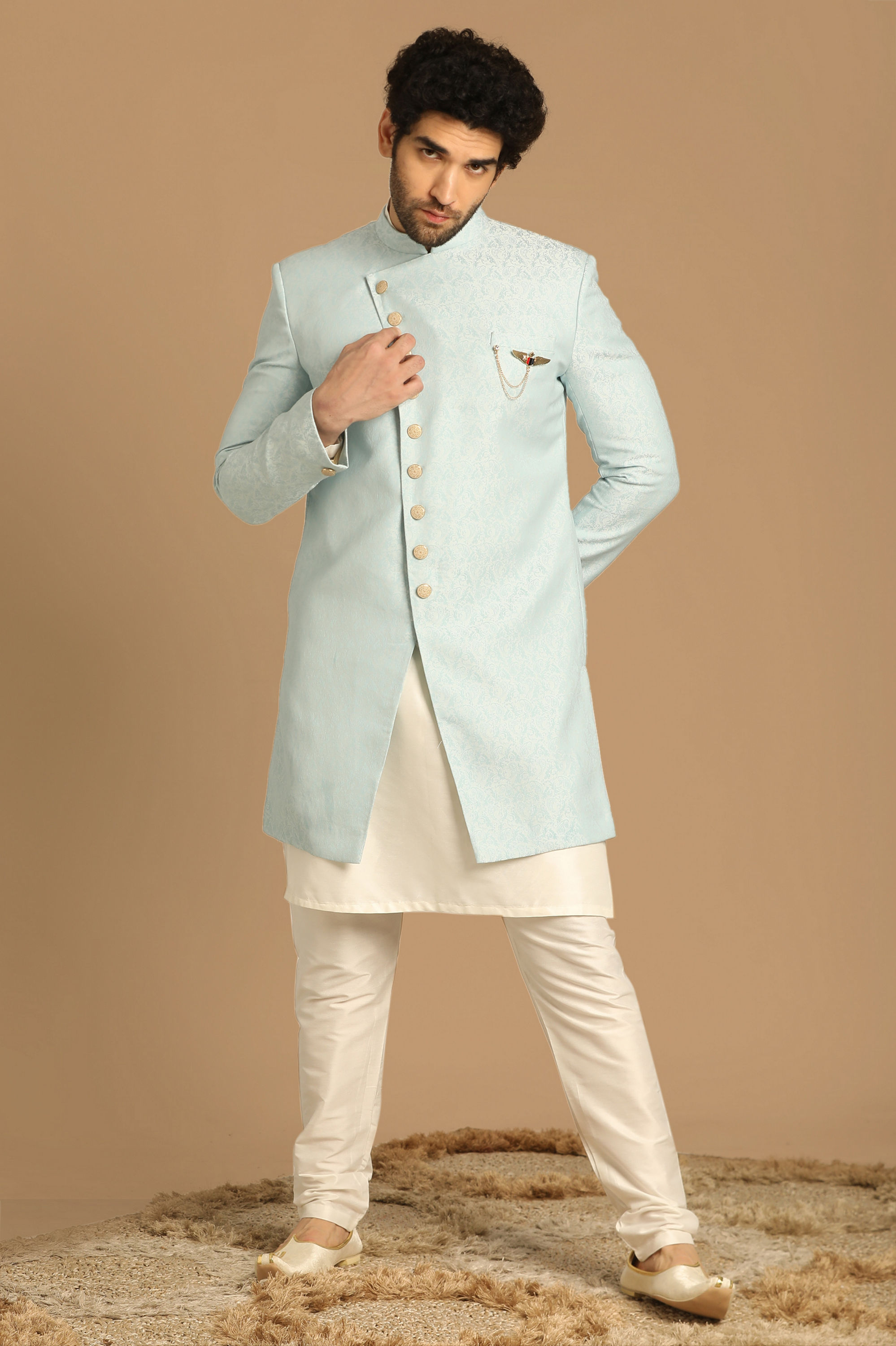 Manyavar Men Lavish Light Blue Indo Western Set