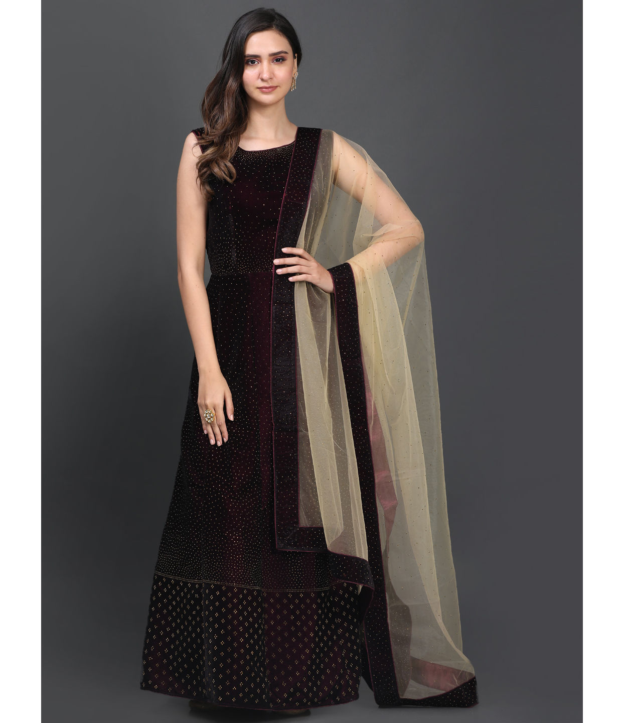 alt message - Mohey Women Statement Maroon Gown image number 0