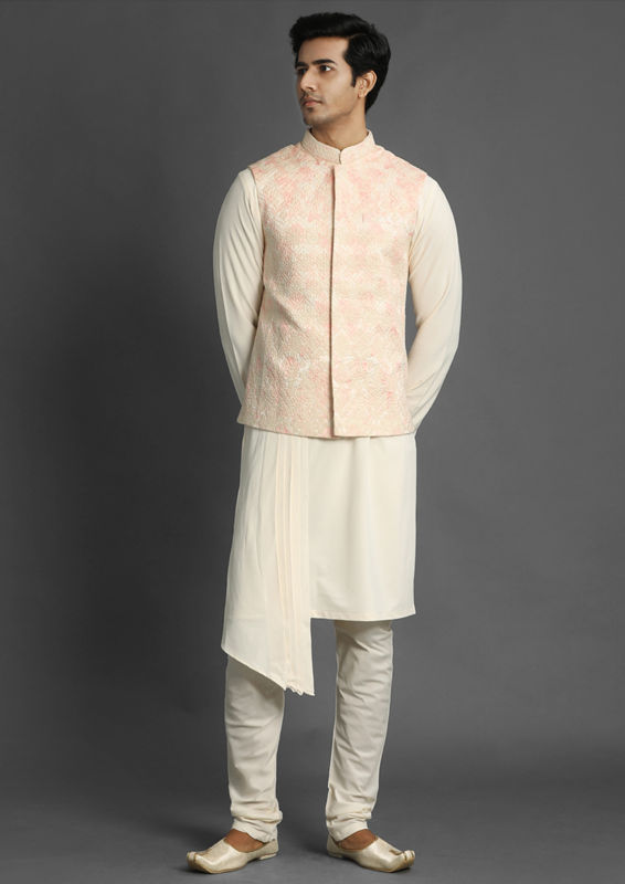 Twamev Men Classic Cream and Rani Combination Kurta Jacket Set