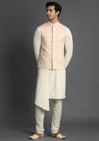 alt message - Twamev Men Classic Cream and Rani Combination Kurta Jacket Set