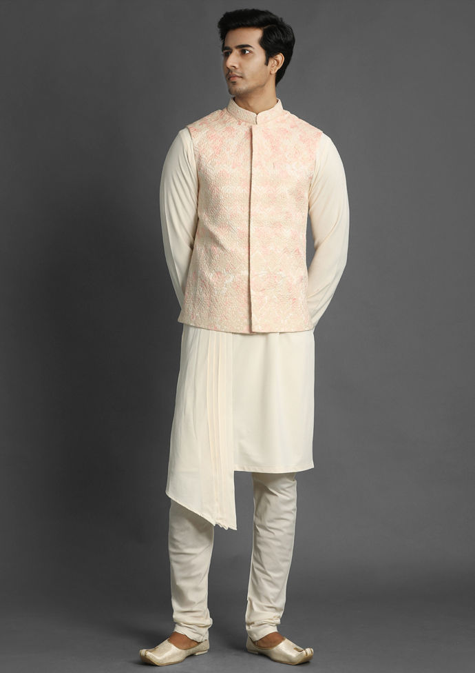 alt message - Twamev Men Classic Cream and Rani Combination Kurta Jacket Set