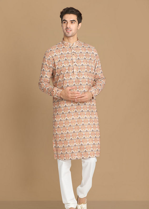 Manyavar Men Light Orange Printed Kurta