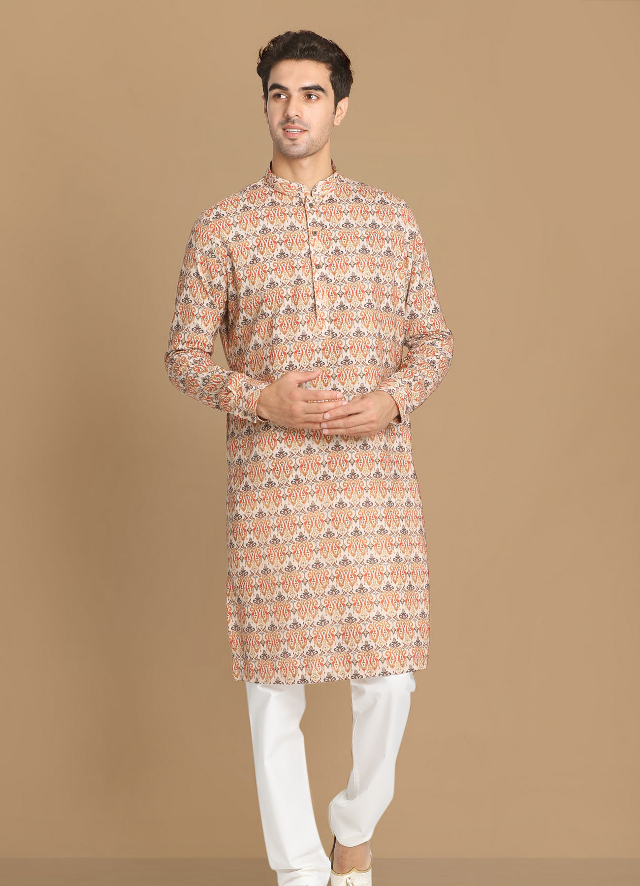 Manyavar Men Light Orange Printed Kurta