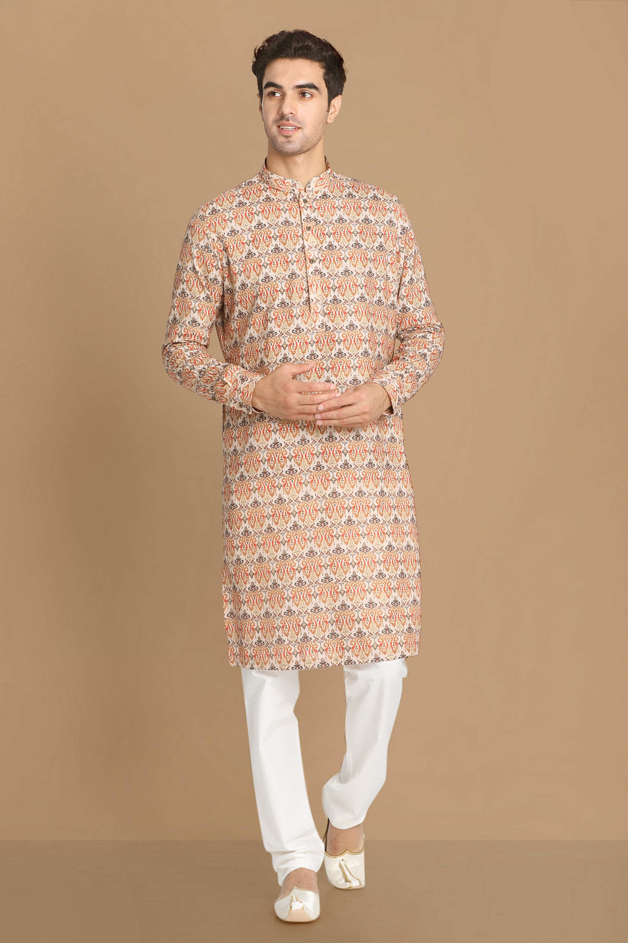 Manyavar Men Light Orange Printed Kurta