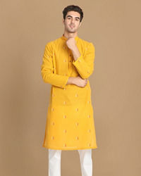 Manyavar Men Yolk Yellow Printed Kurta