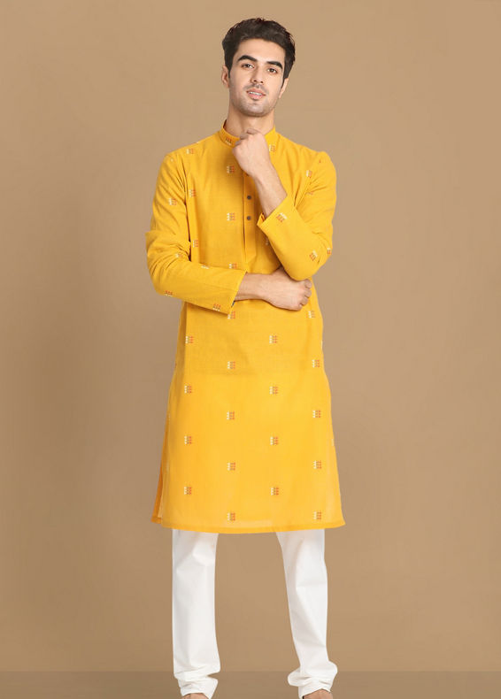 Manyavar Men Yolk Yellow Printed Kurta