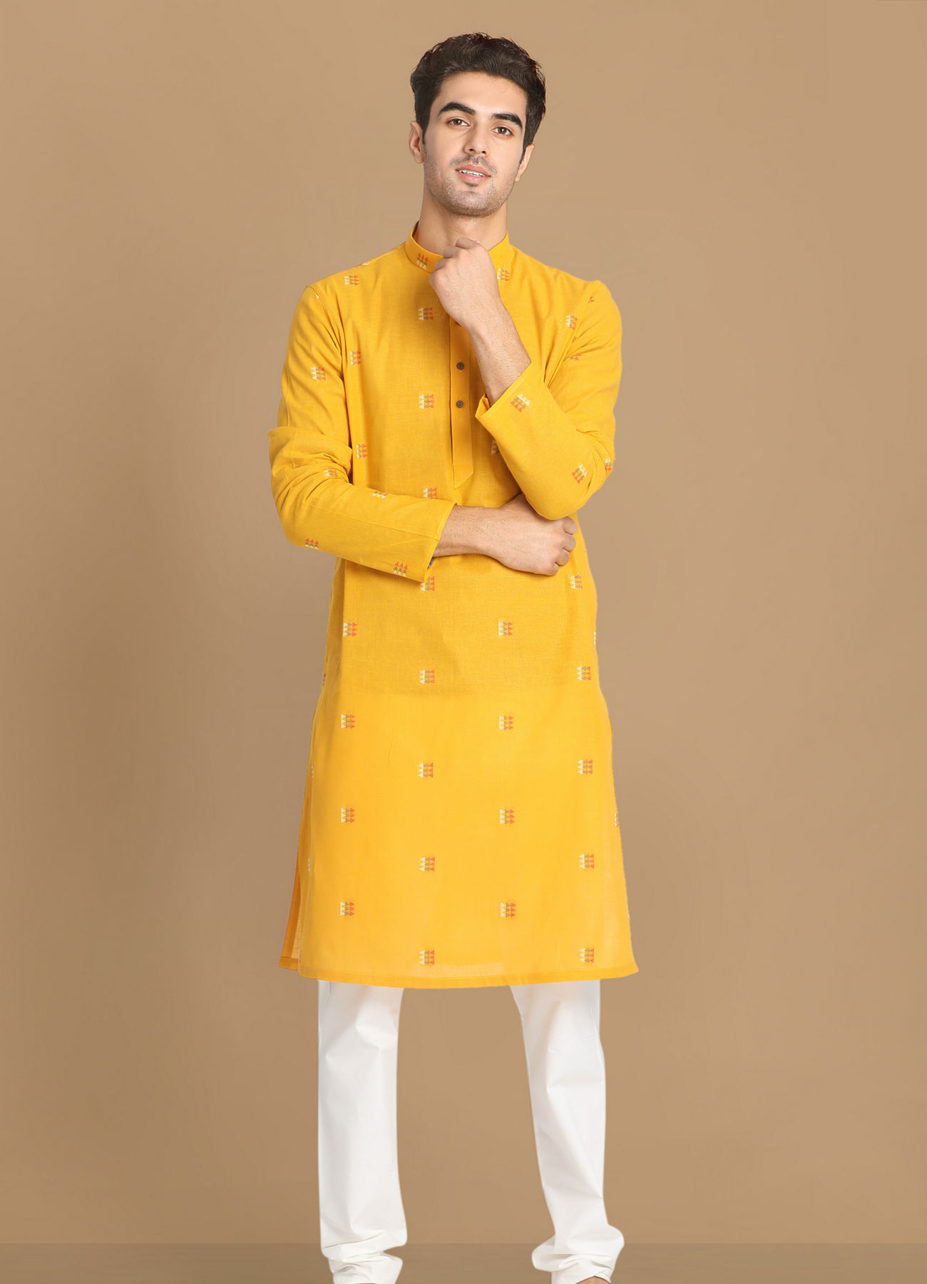 Manyavar Men Yolk Yellow Printed Kurta