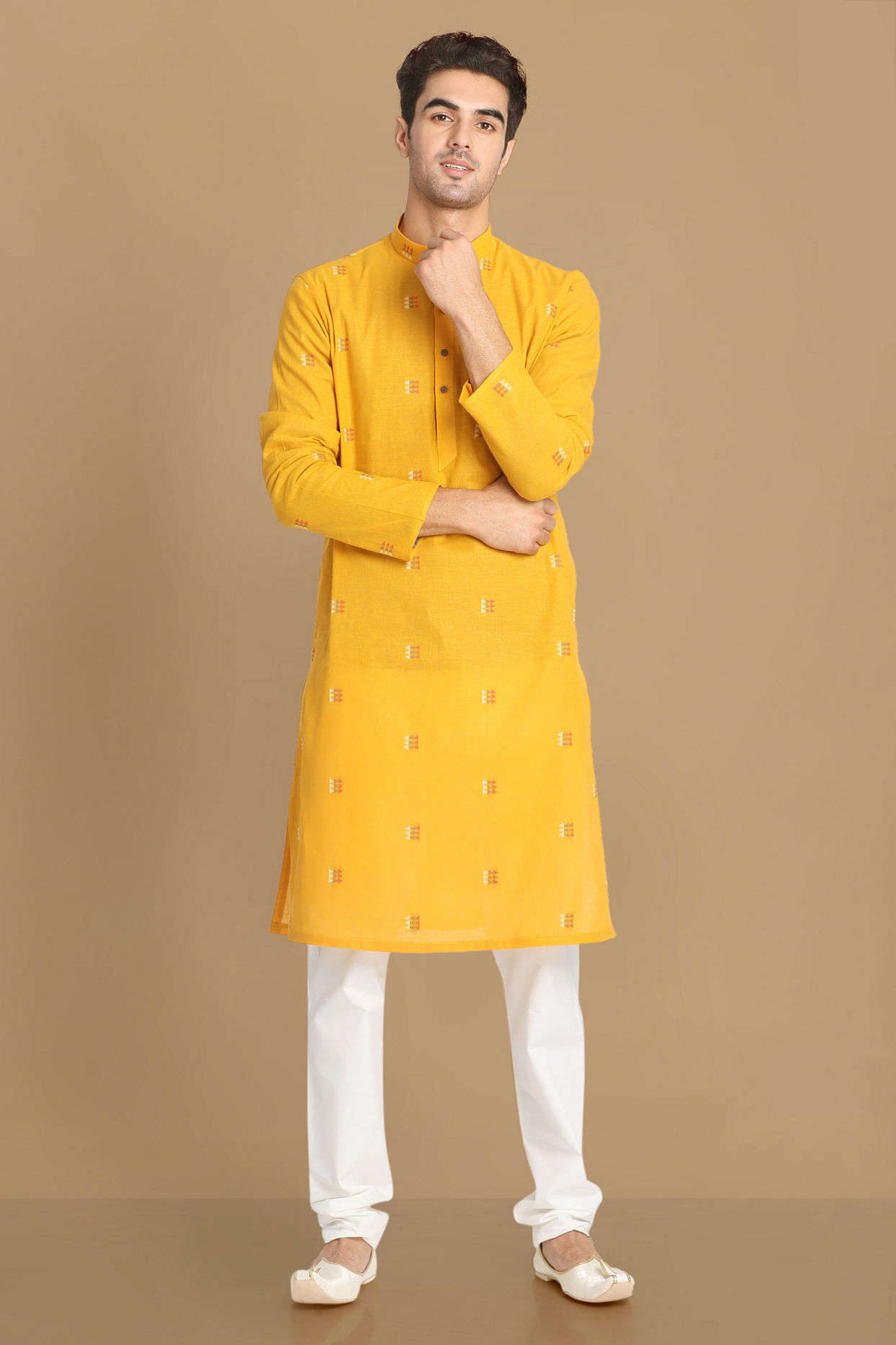Manyavar Men Yolk Yellow Printed Kurta