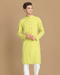 Manyavar Men Lime Green Self Striped Kurta