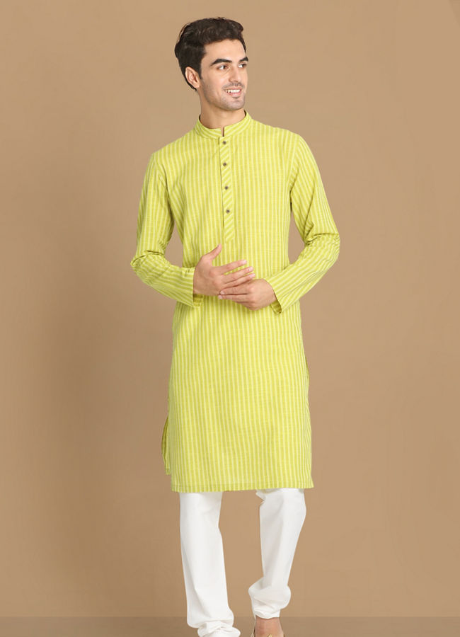 alt message - Manyavar Men Lime Green Self Striped Kurta image number 1