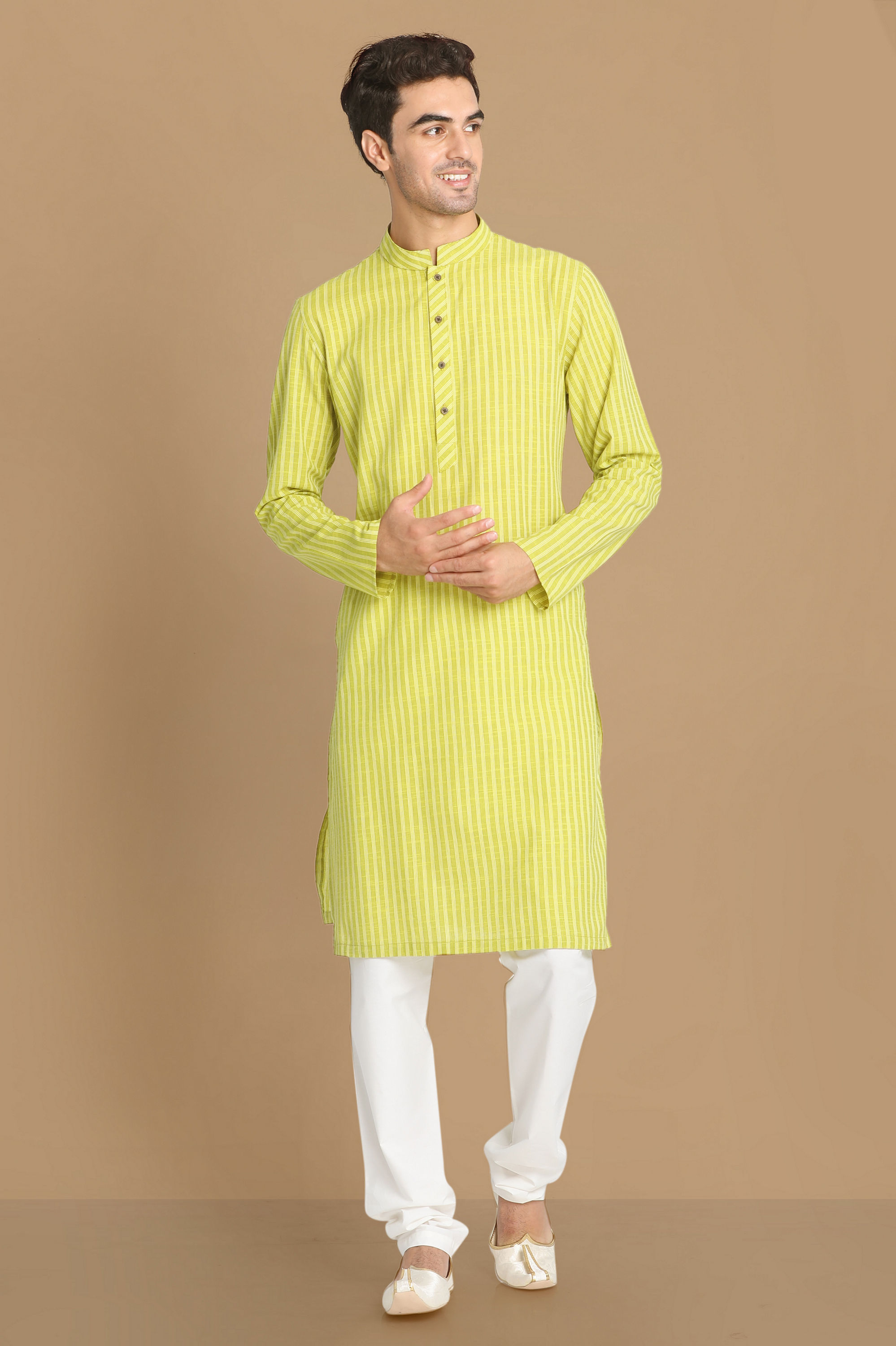 Manyavar Men Lime Green Self Striped Kurta