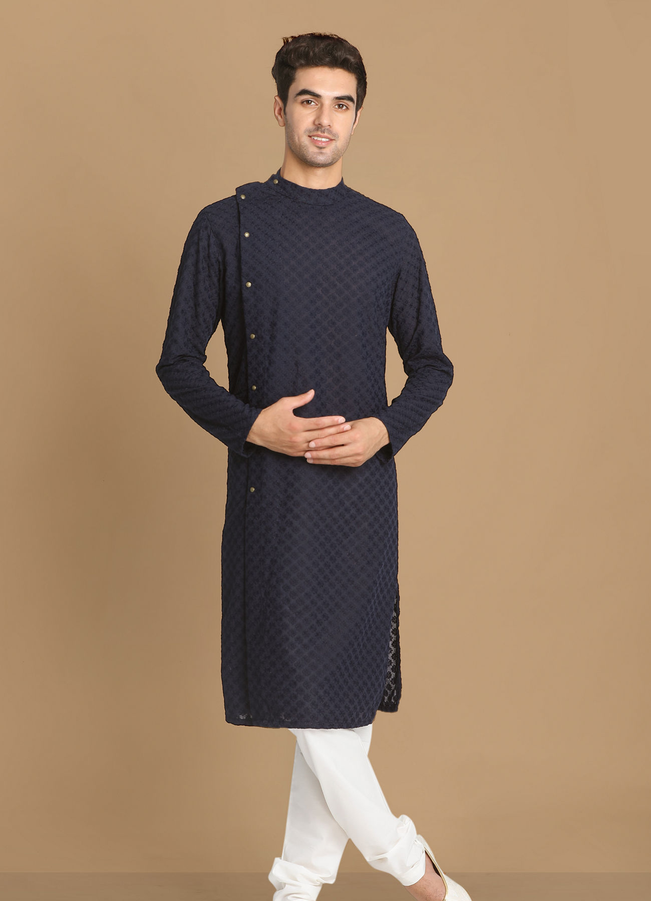 Manyavar Men Navy Blue Side Open Chikankari Kurta Set