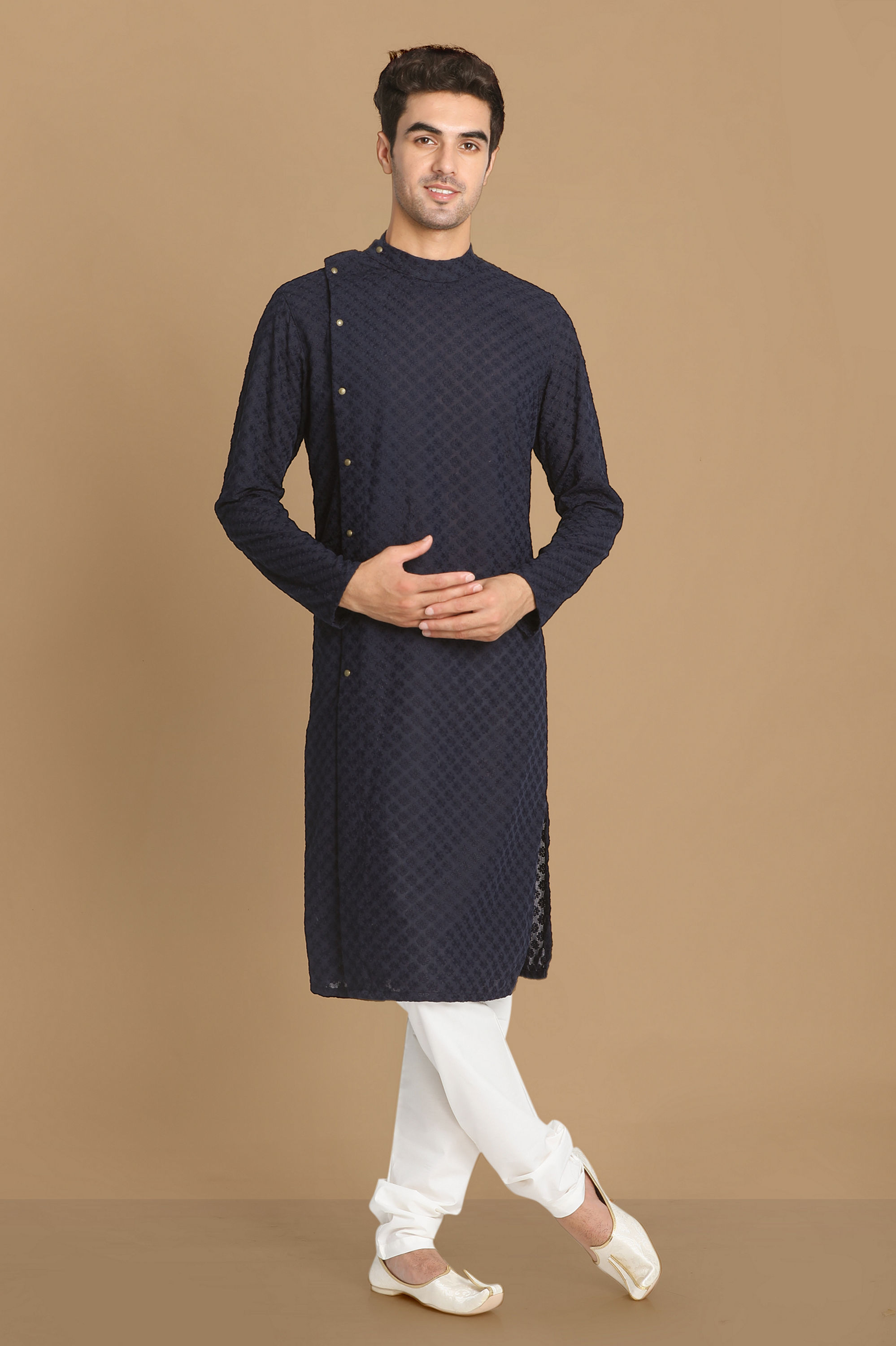 Manyavar Men Navy Blue Side Open Chikankari Kurta Set