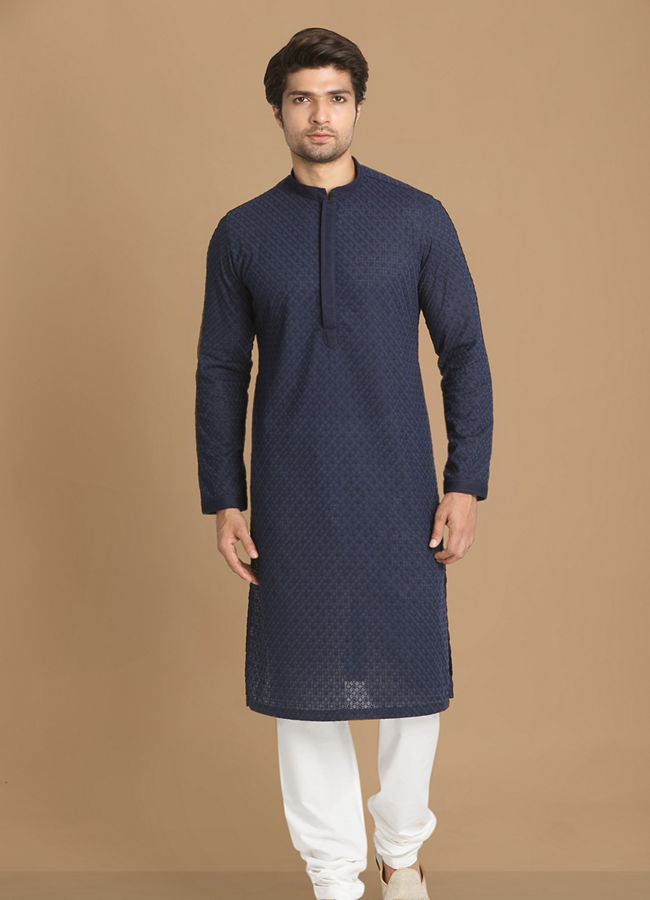 Manyavar Men Royal Blue Chikankari Kurta Set