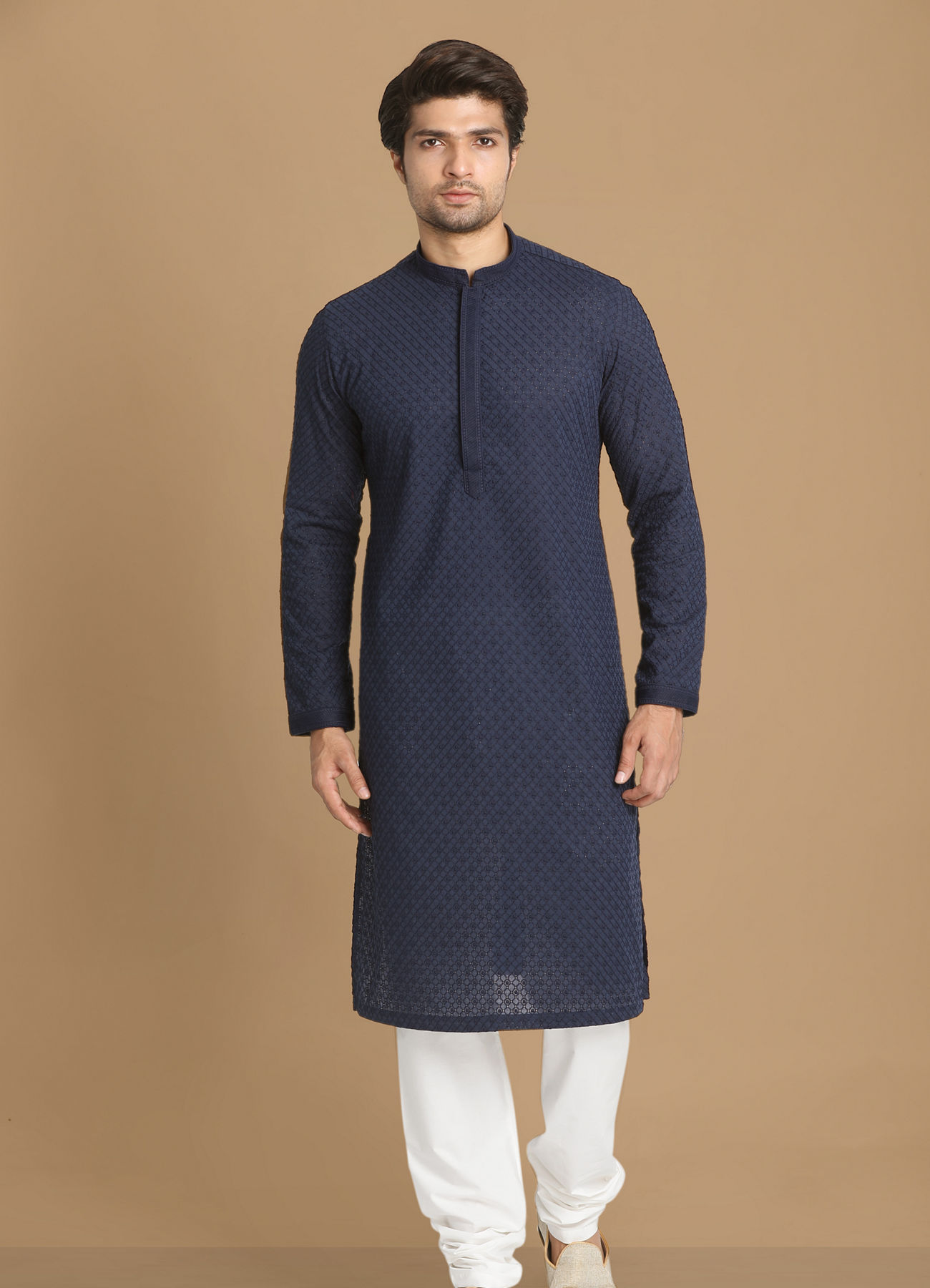 Manyavar Men Royal Blue Chikankari Kurta Set