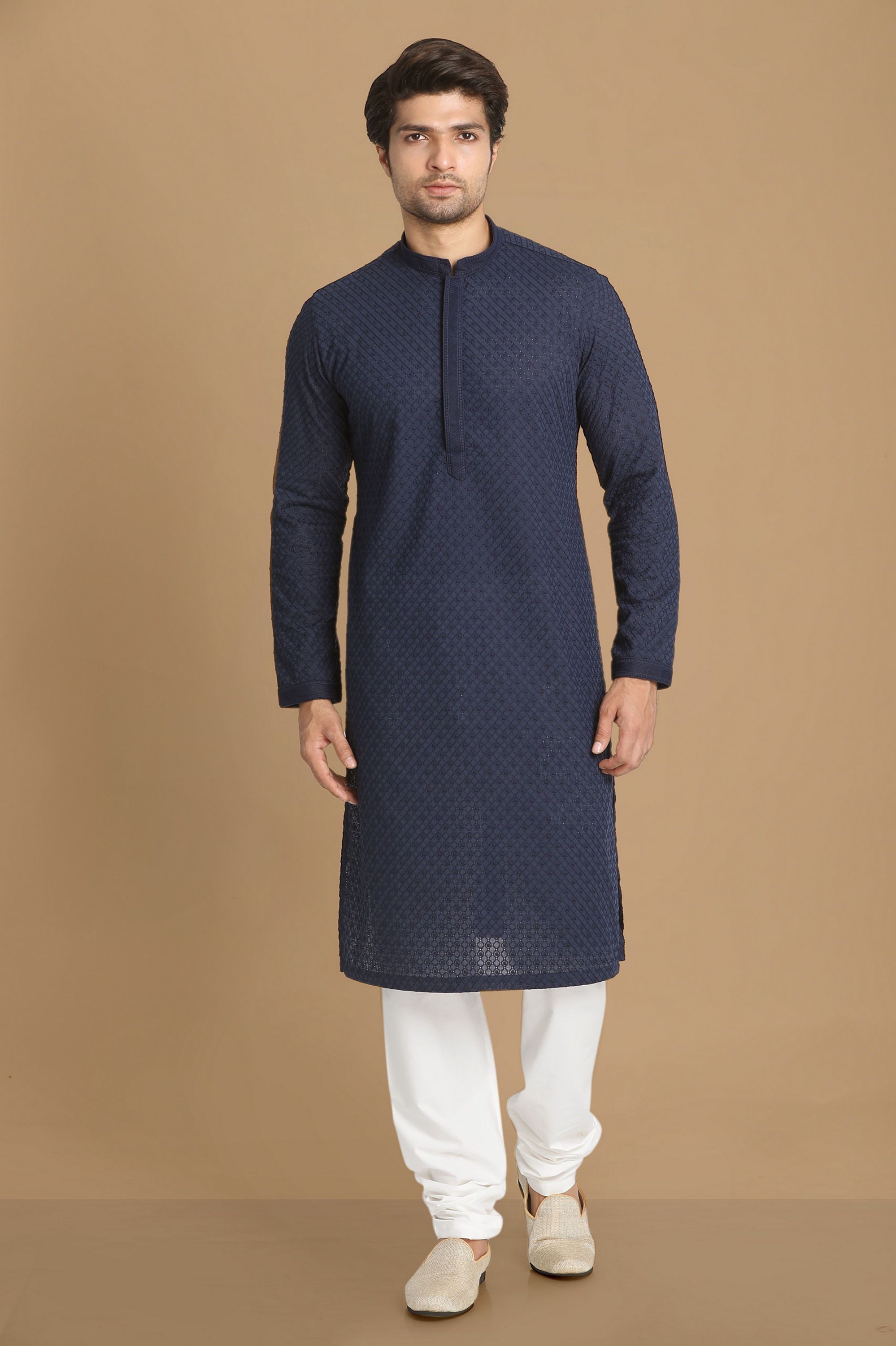 Manyavar Men Royal Blue Chikankari Kurta Set