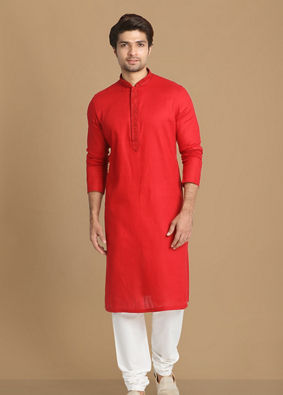 alt message - Manyavar Men Minimalist Red Kurta Set image number 1