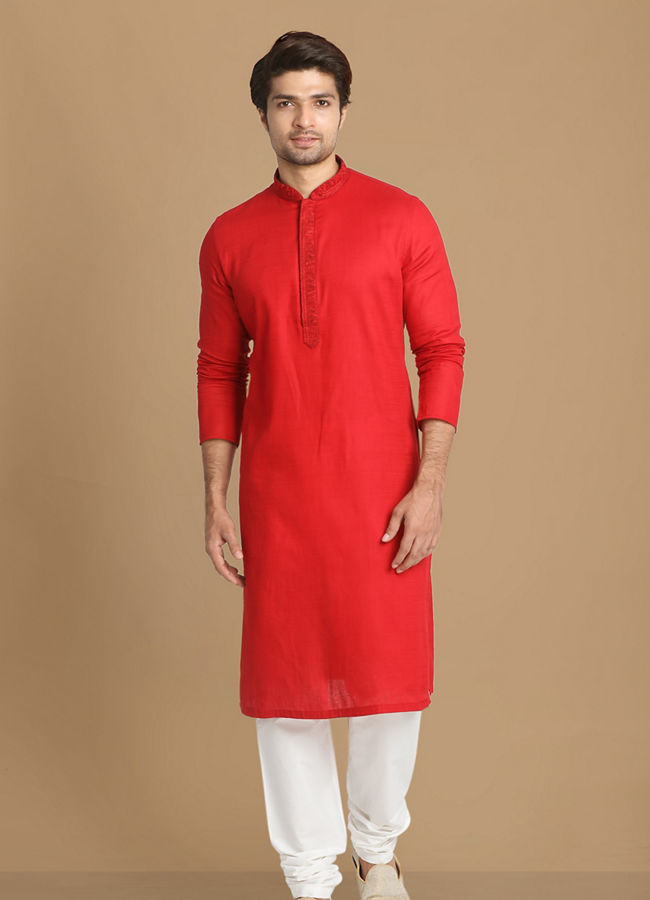 alt message - Manyavar Men Minimalist Red Kurta Set image number 1