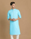 alt message - Manyavar Men Ocean Blue Self Design Kurta Set image number 1