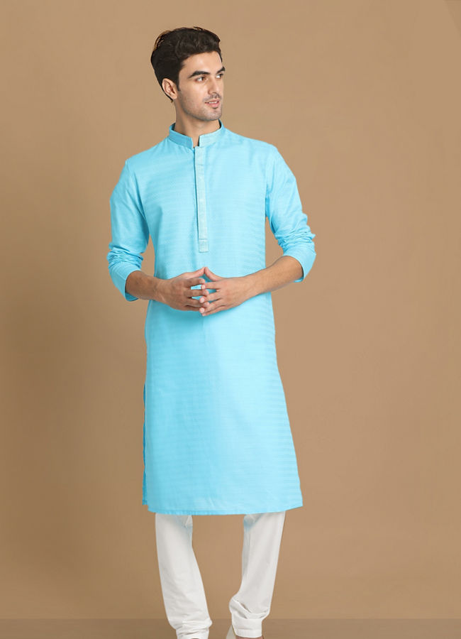 alt message - Manyavar Men Ocean Blue Self Design Kurta Set image number 1