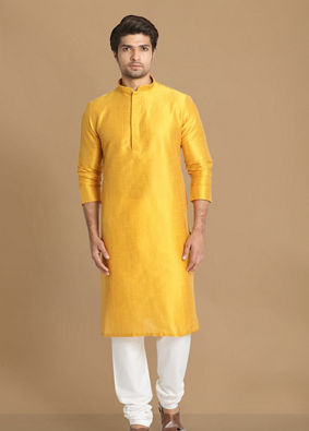 alt message - Manyavar Men Golden Yellow Solid Kurta Set image number 1