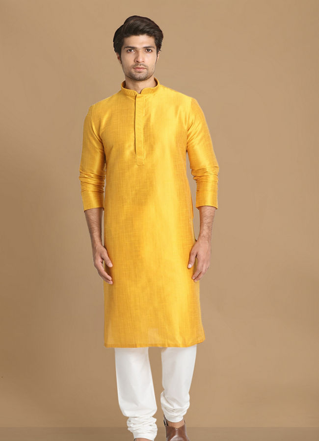 alt message - Manyavar Men Golden Yellow Solid Kurta Set image number 1