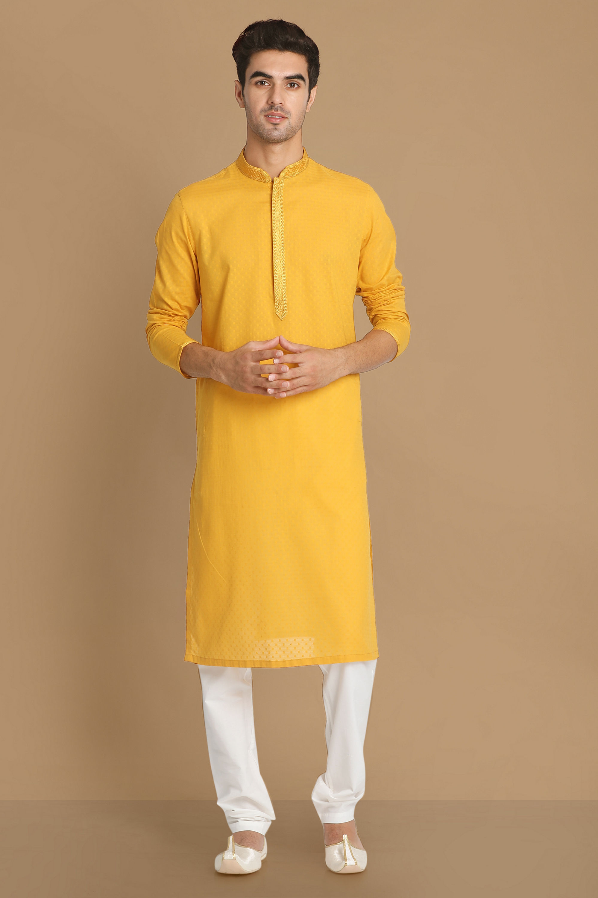 Manyavar Men Mustard Yellow Self Booti Kurta Set