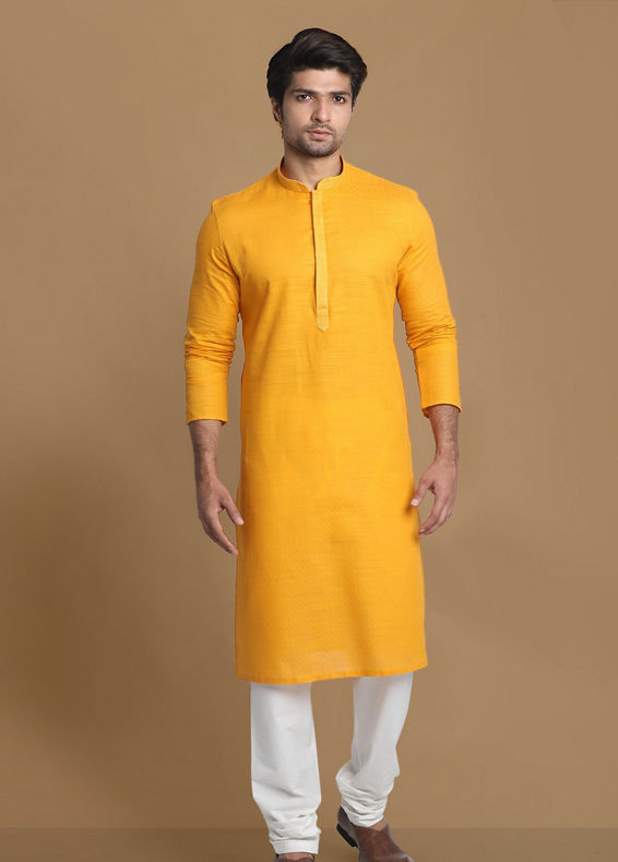 Manyavar Men Mustard Yellow Solid Kurta Pajama