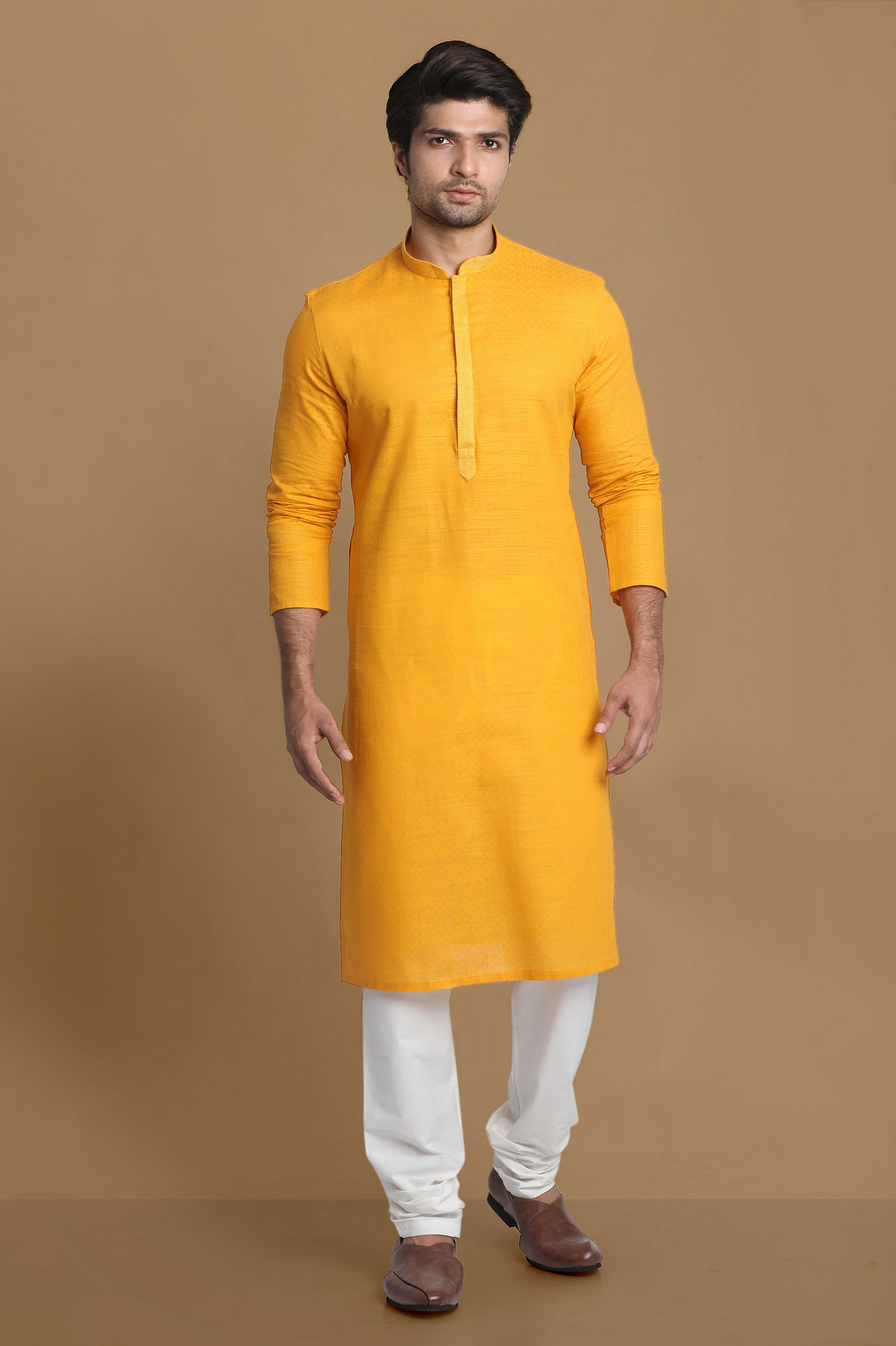 Manyavar Men Mustard Yellow Solid Kurta Pajama