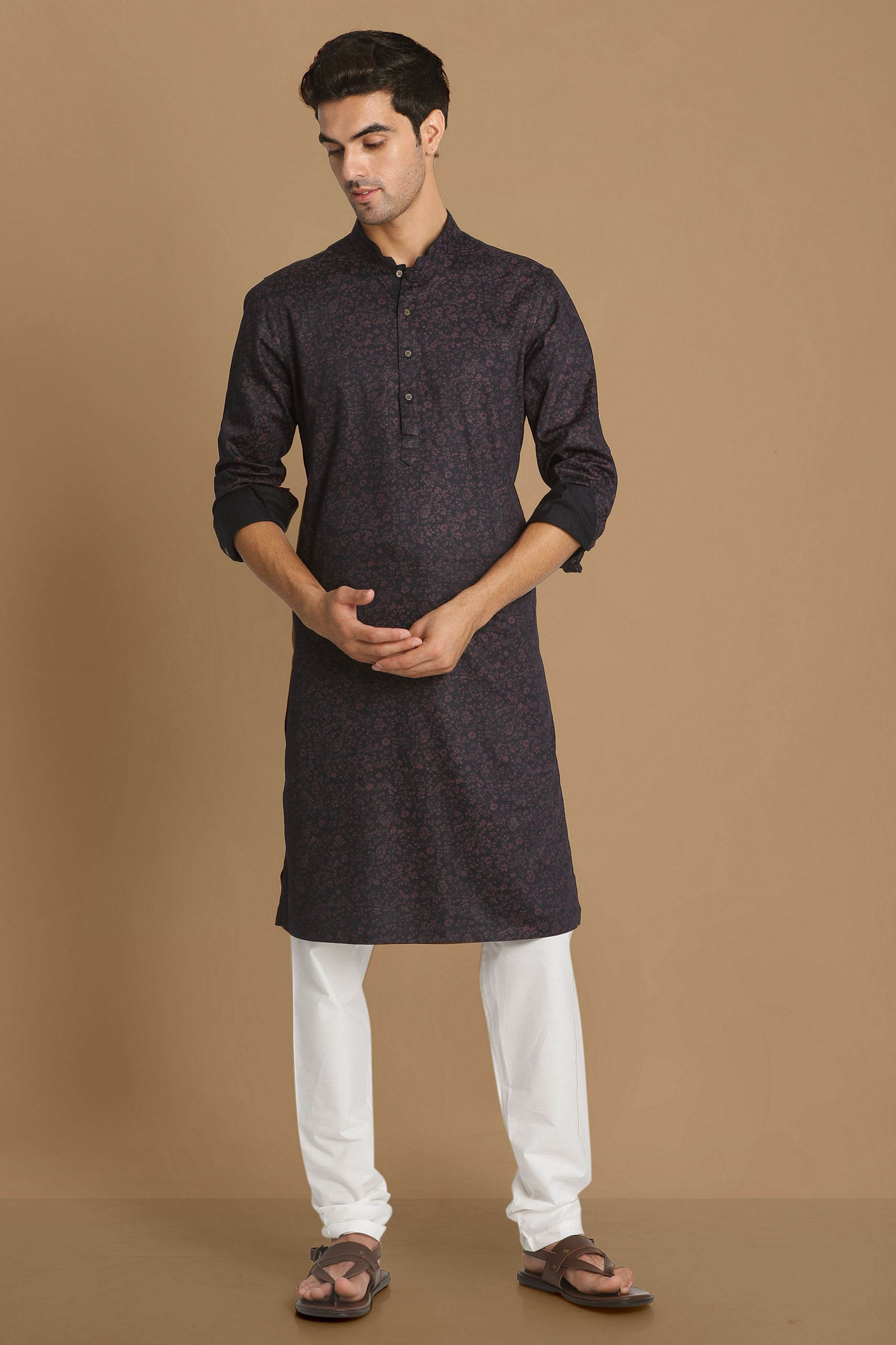 Manyavar Men Floral Printed Blue Kurta