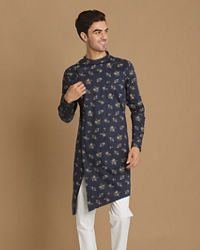 Manyavar Men Blue Floral Side Open Kurta