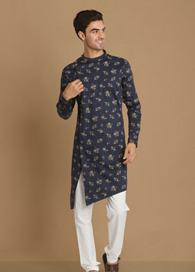 Manyavar Men Blue Floral Side Open Kurta image number 1