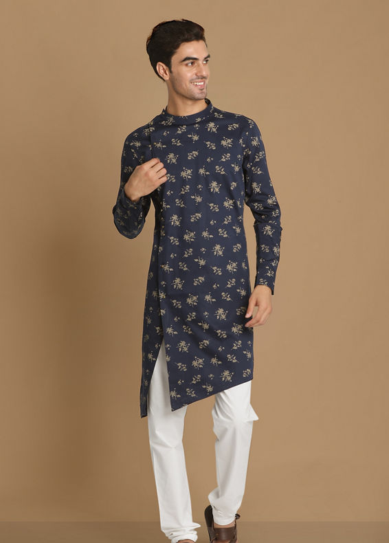 Manyavar Men Blue Floral Side Open Kurta