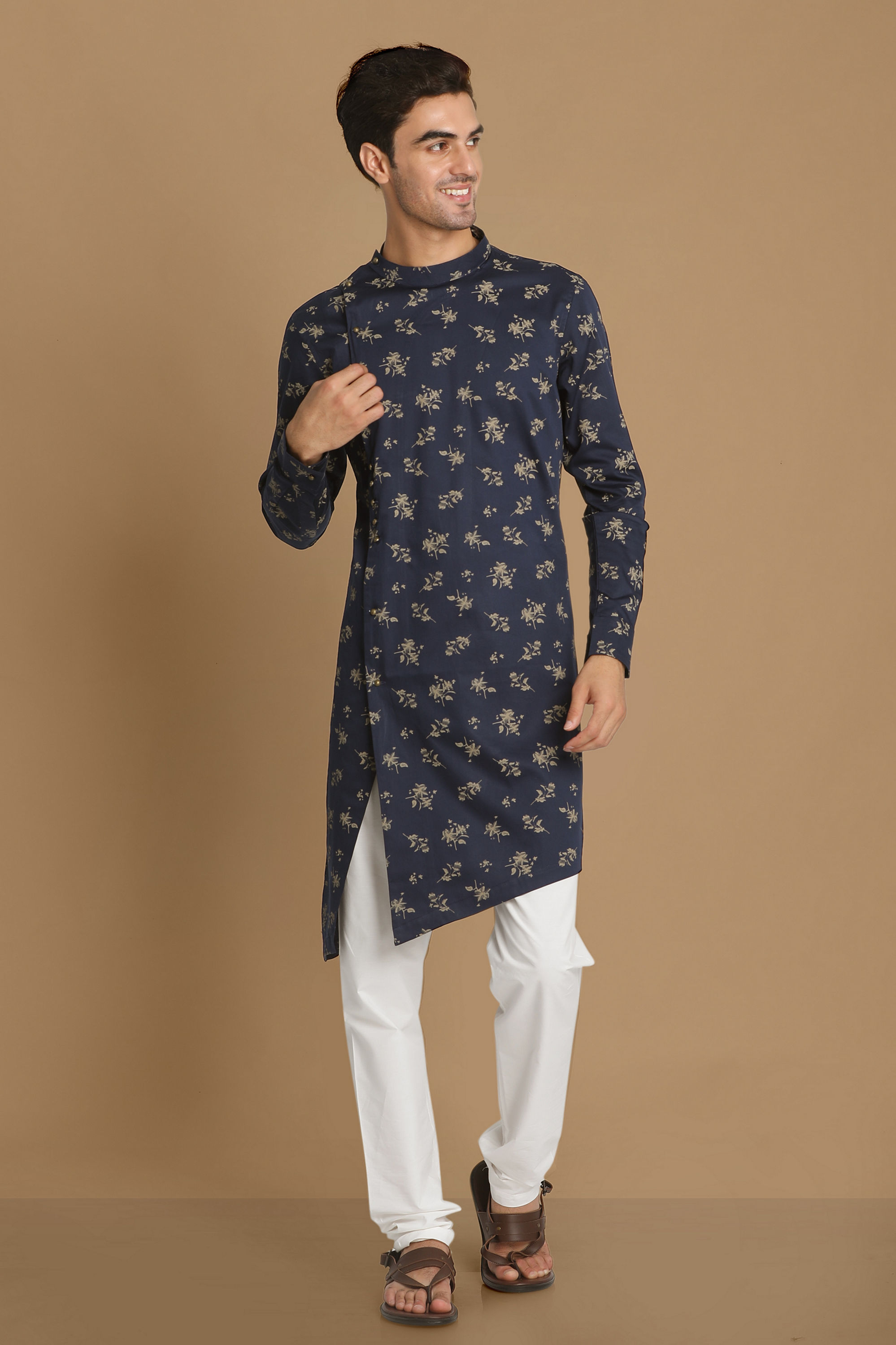 Manyavar Men Blue Floral Side Open Kurta