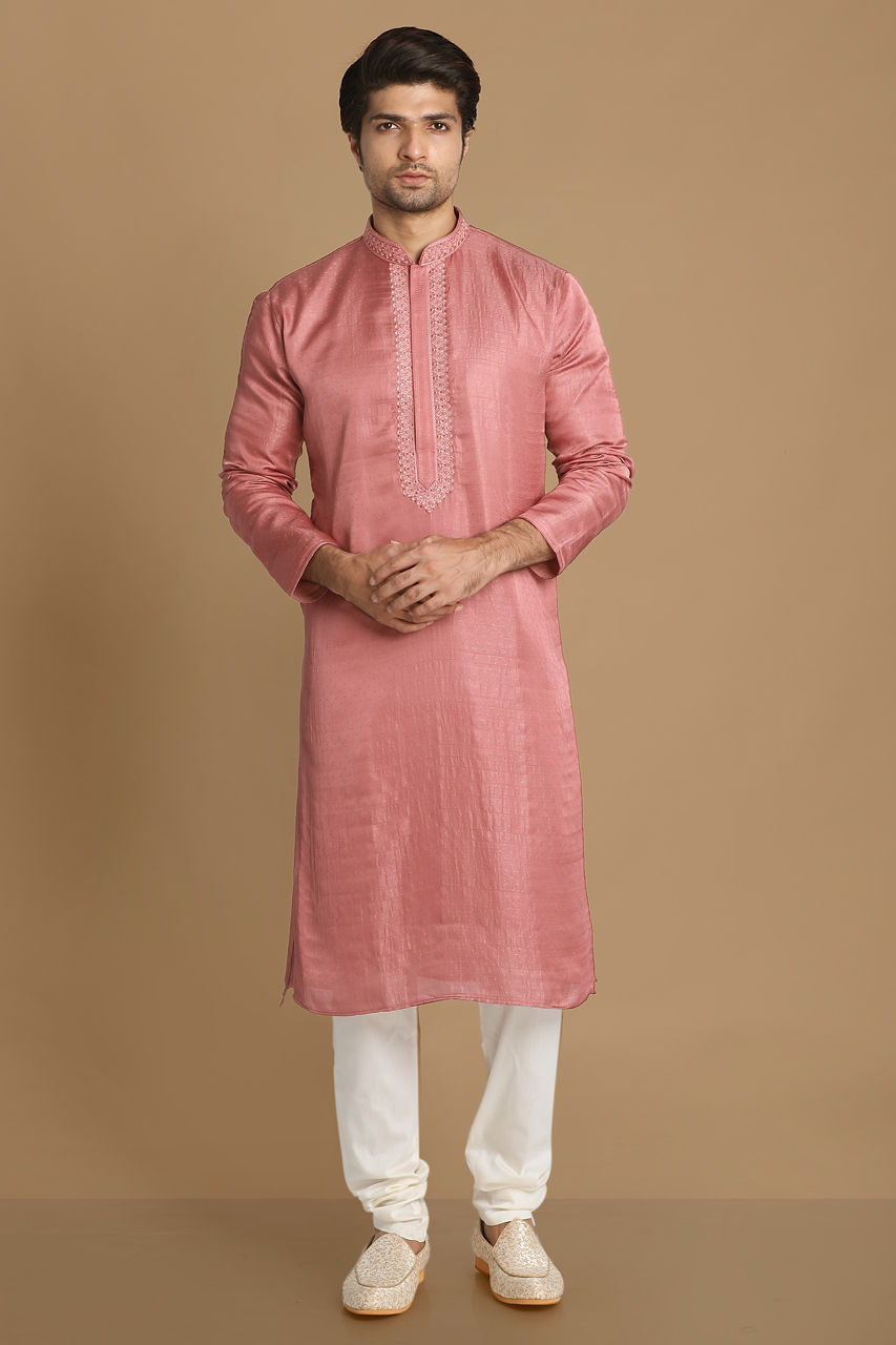 Manyavar Men Pink Booti Jacquard Kurta Set