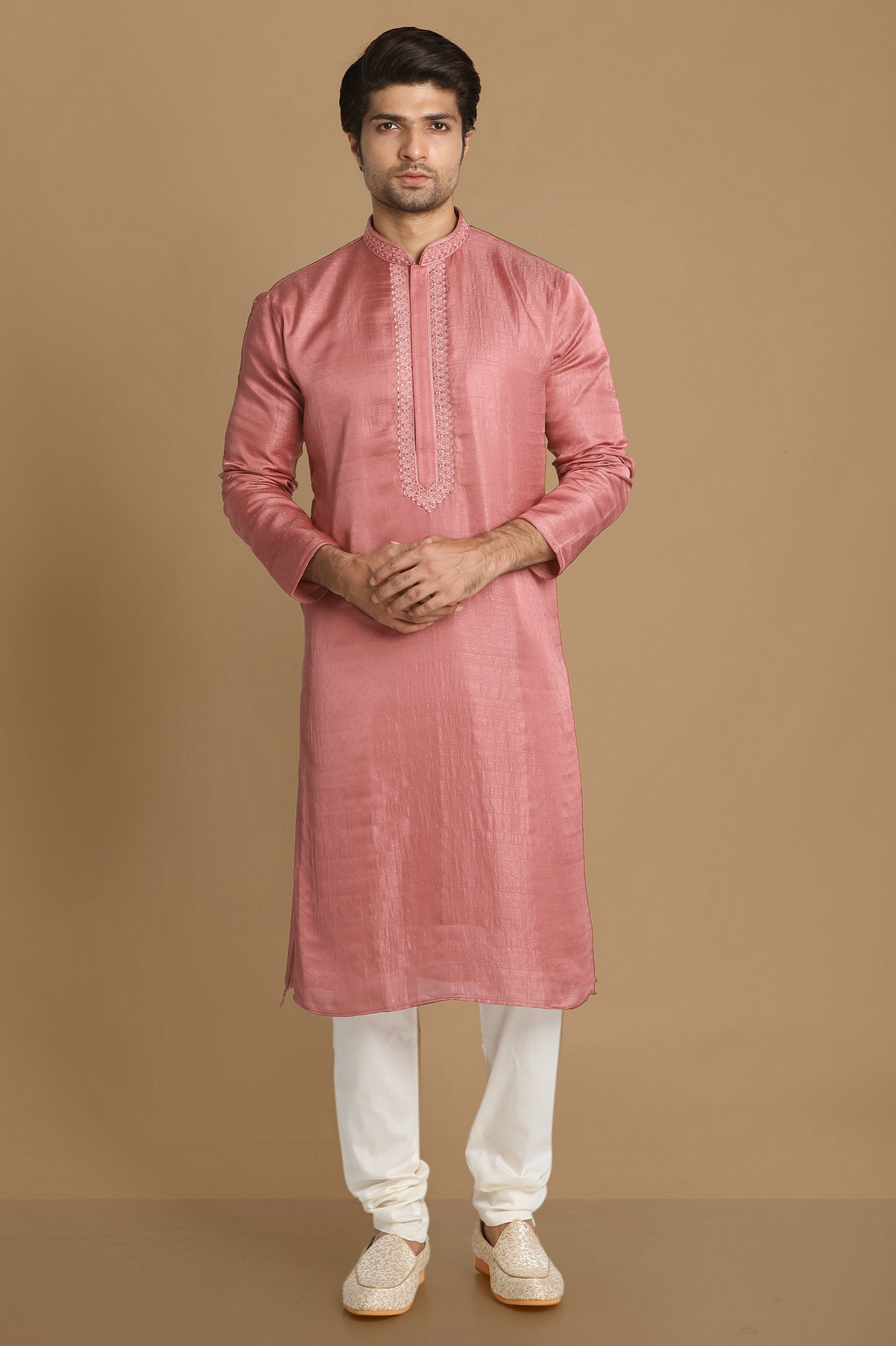 Manyavar Men Pink Booti Jacquard Kurta Set