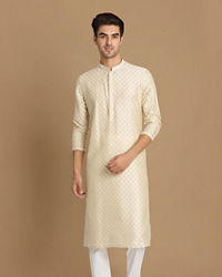 Manyavar Men Light Cream Jaquard Kurta Pajama