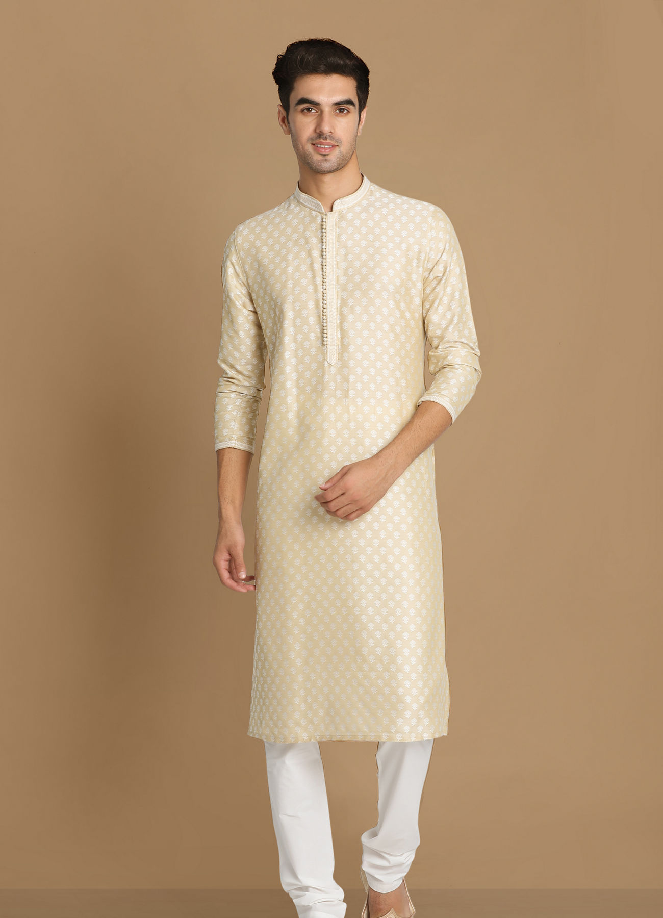 Manyavar Men Light Cream Jaquard Kurta Pajama