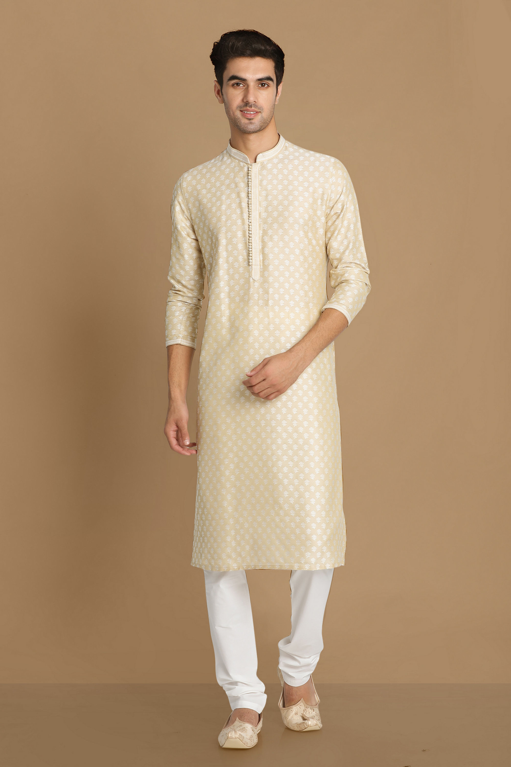 Manyavar Men Light Cream Jaquard Kurta Pajama