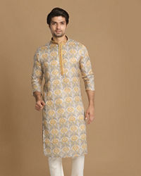 Manyavar Men Orange Grey Printed Kurta Set