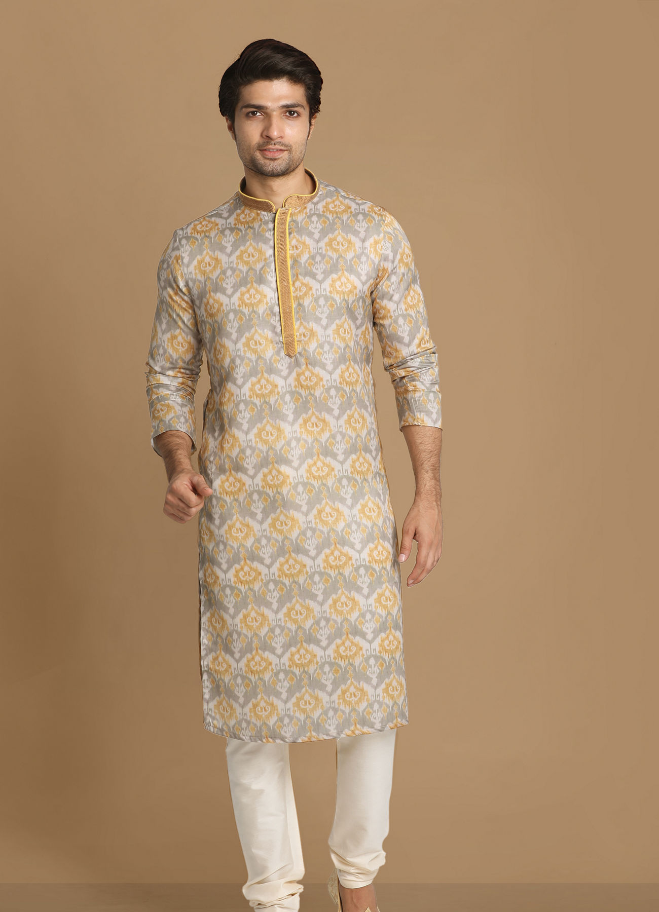 Manyavar Men Orange Grey Printed Kurta Set