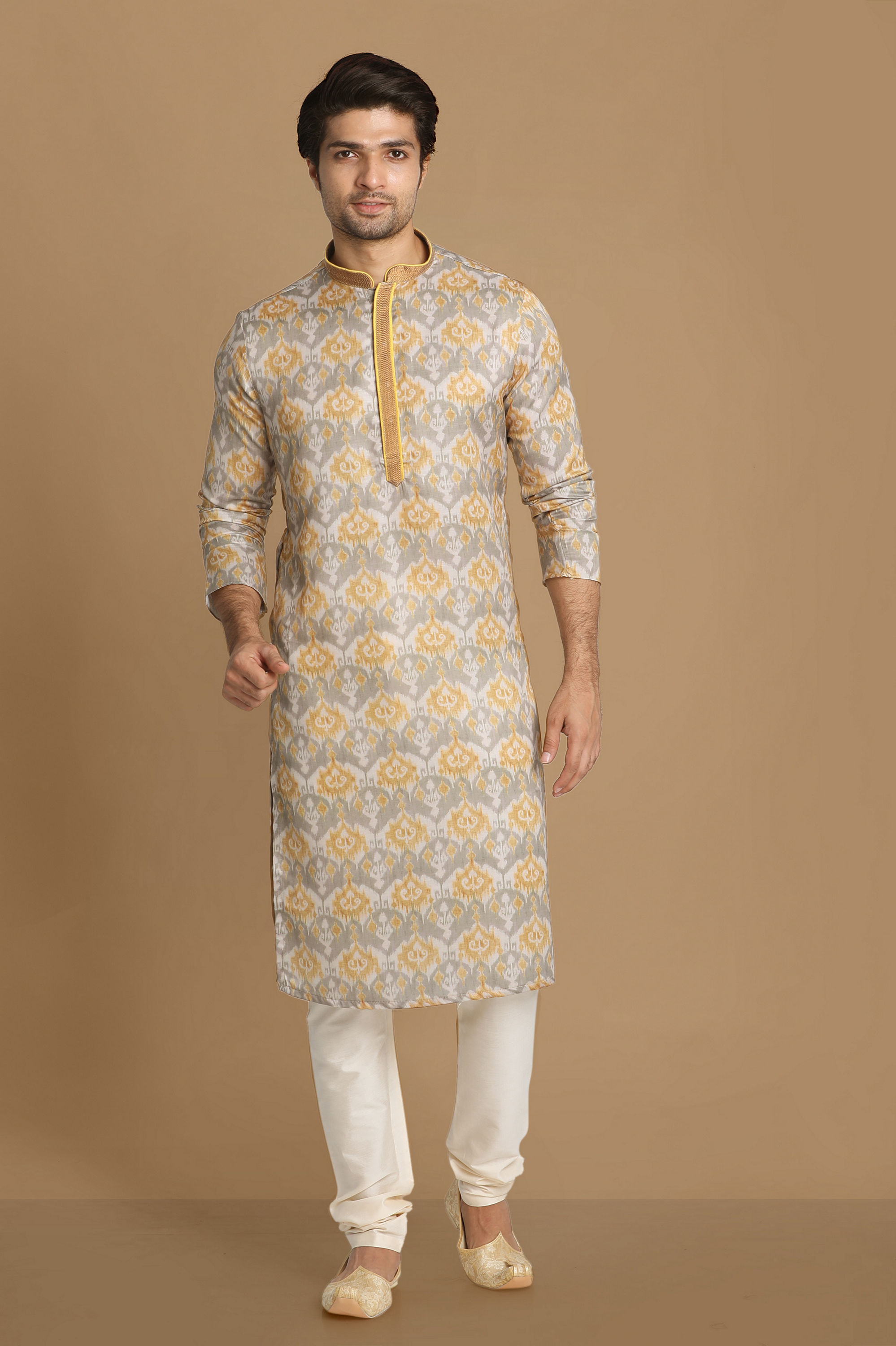 Manyavar Men Orange Grey Printed Kurta Set