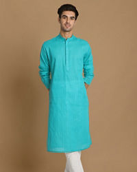 Manyavar Men Turquoise Green Self Striped Kurta Set