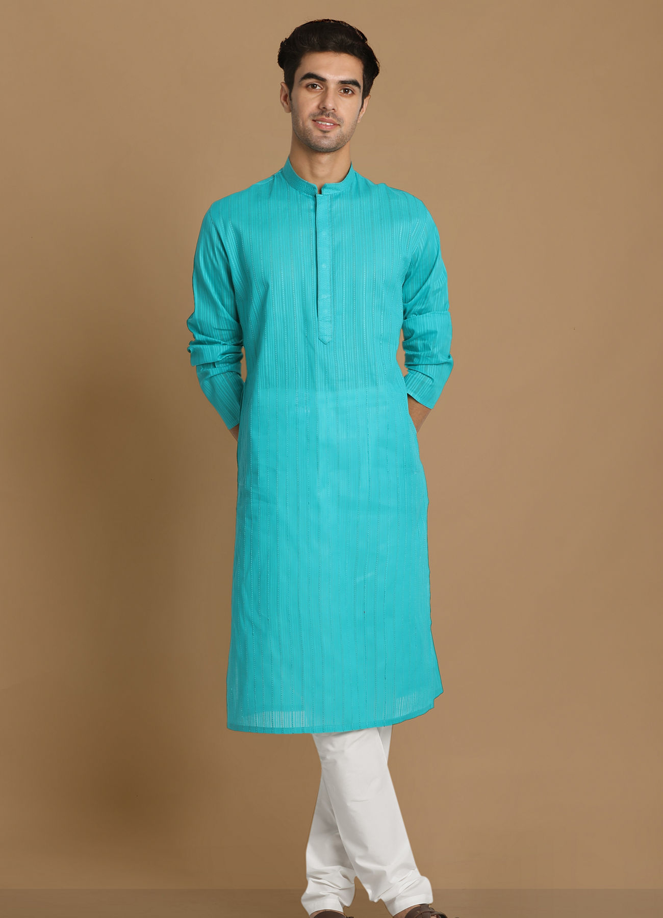 Manyavar Men Turquoise Green Self Striped Kurta Set