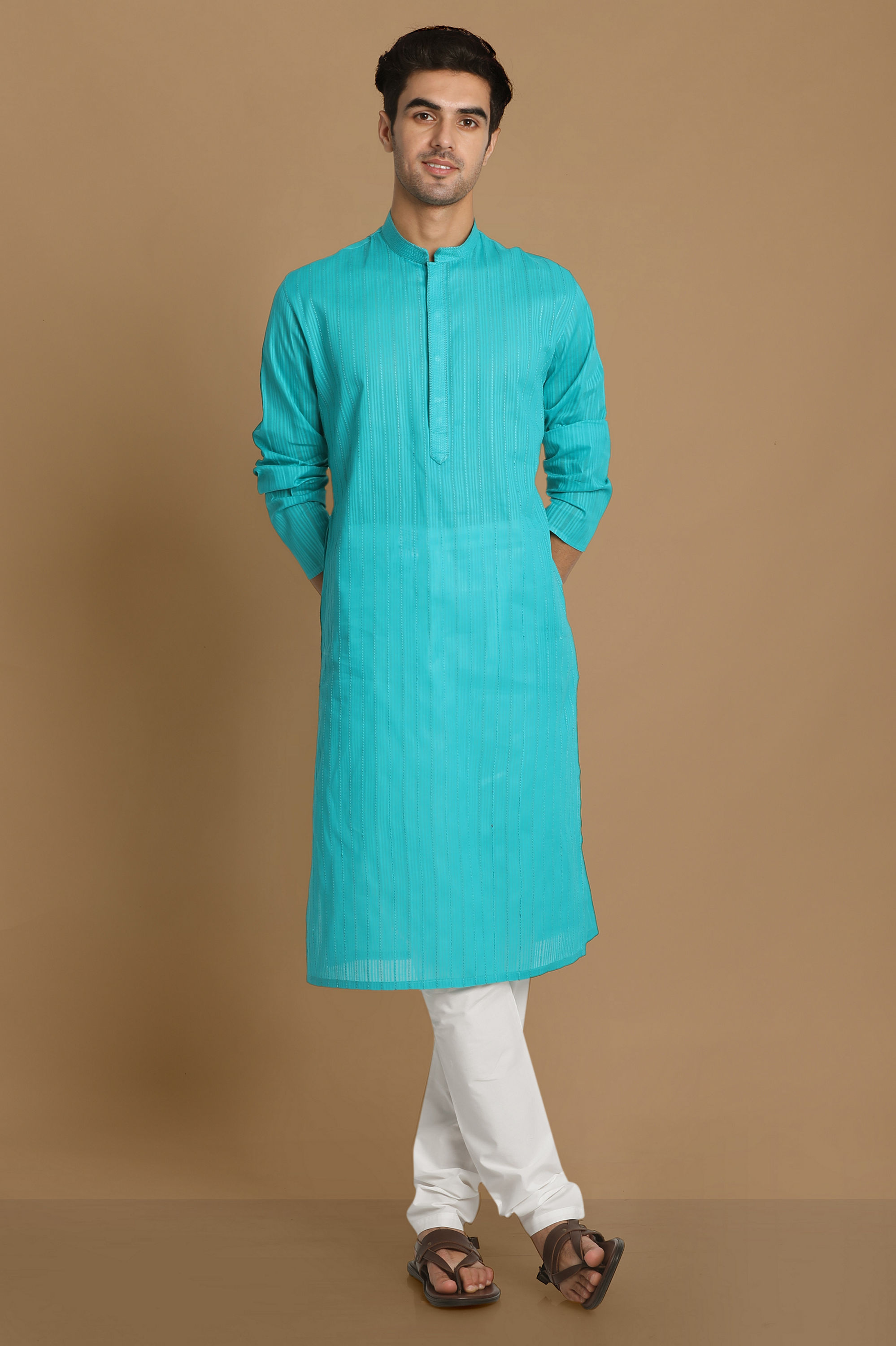 Manyavar Men Turquoise Green Self Striped Kurta Set