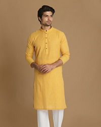 Manyavar Men Light Yellow Self Striped Kurta