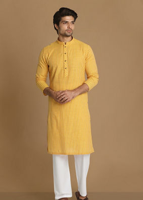 alt message - Manyavar Men Light Yellow Self Striped Kurta image number 1