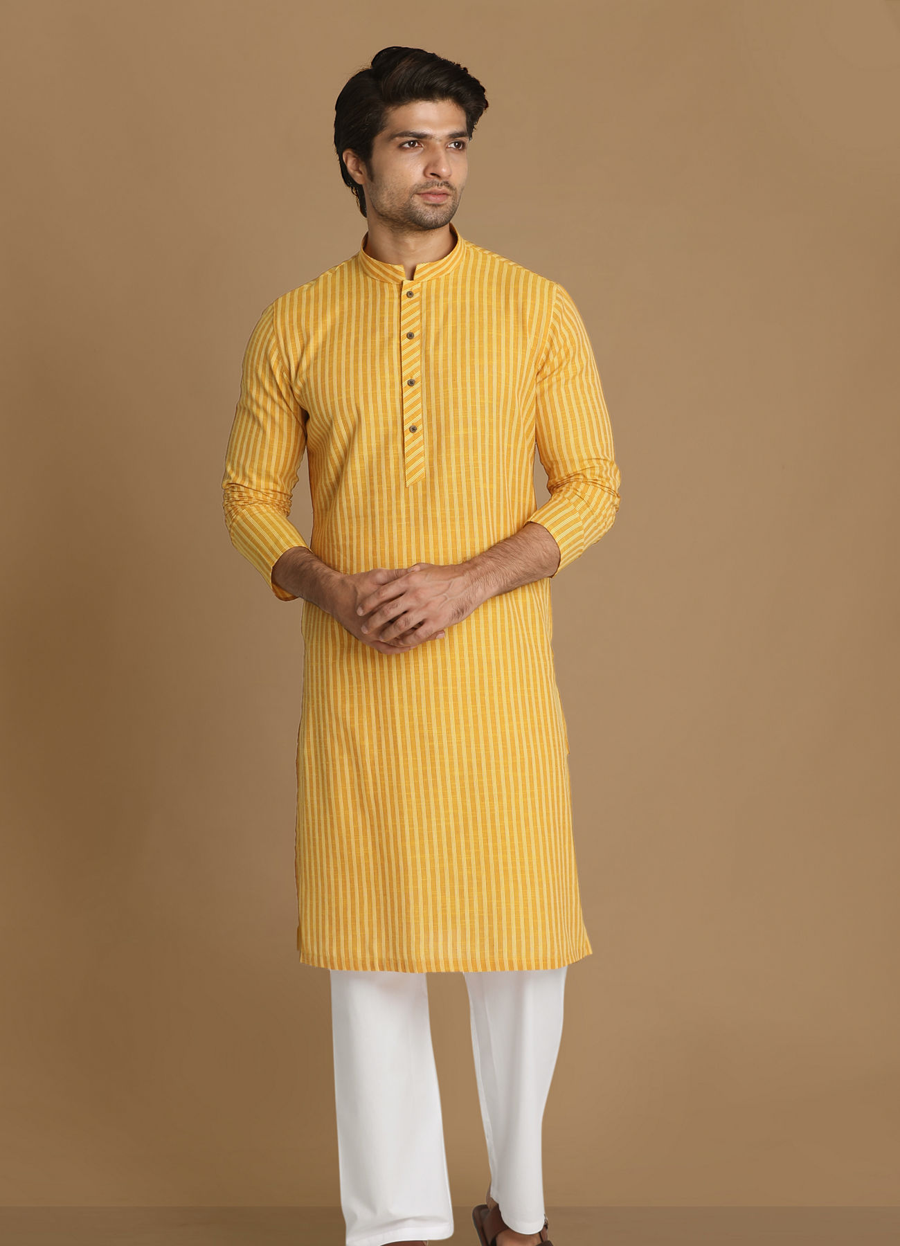 Manyavar Men Light Yellow Self Striped Kurta