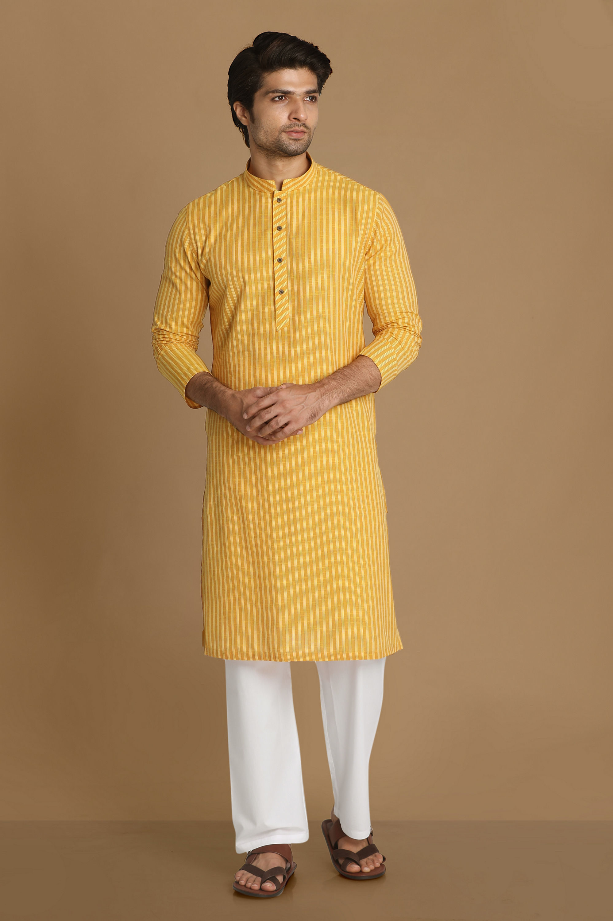 Manyavar Men Light Yellow Self Striped Kurta